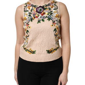 Dolce & Gabbana Beige Floral Embroidery Sleeveless Tank Top