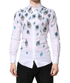 Camisa de vestir Dolce &amp; Gabbana de algodón blanco con estampado de plumas doradas