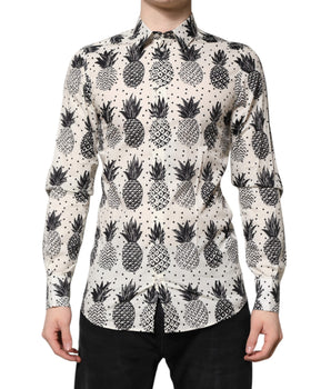 Dolce &amp; Gabbana White Pineapple Print Long Sleeve GOLD Shirt