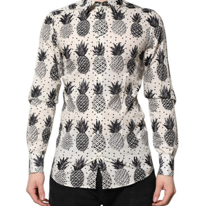 Dolce &amp; Gabbana White Pineapple Print Long Sleeve GOLD Shirt