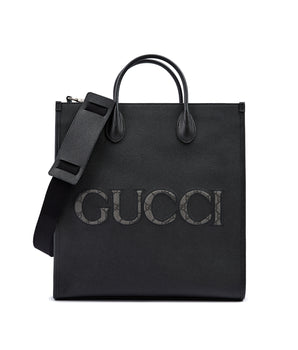 Gucci Black Leather Logo Medium Tote Bag