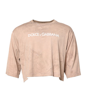 Dolce &amp; Gabbana Beige Tie Dye Logo Print Cropped T-shirt