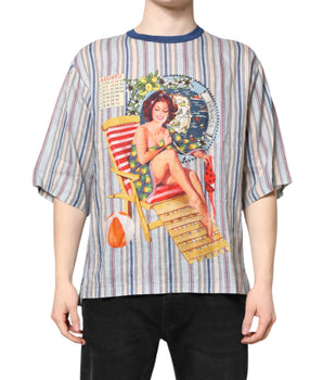Dolce &amp; Gabbana Multicolor Striped Pin Up Linen Round Neck T-shirt