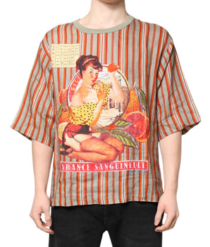 Dolce &amp; Gabbana Multicolor Striped Graphic Linen Round Neck T-shirt