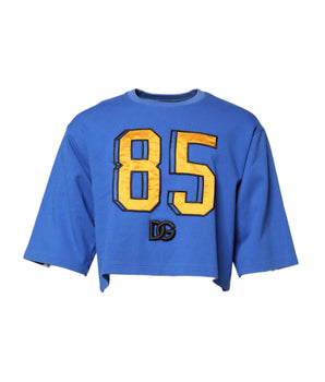 Dolce &amp; Gabbana Blue Printed Cotton Cropped Crew Neck T-shirt