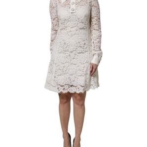 Dolce & Gabbana White Floral Lace Long Sleeves A-line Dress