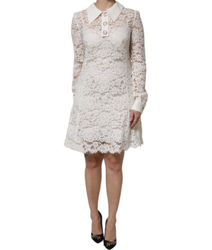 Vestido acampanado de manga larga con encaje floral blanco de Dolce &amp; Gabbana