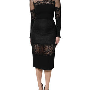 Dolce & Gabbana Black Lace Trim Nylon Tulle Sheath Midi Dress