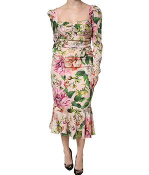 Dolce &amp; Gabbana Pink Floral Silk Fit And Flared Midi Dress