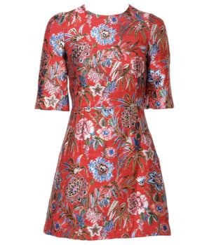 Vestido mini de corte A con estampado floral rojo de jacquard de Dolce &amp; Gabbana