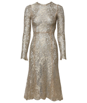 Vestido entallado y acampanado de manga larga con encaje floral dorado de Dolce &amp; Gabbana