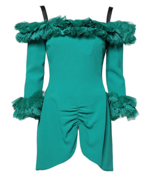 Vestido minivestido con hombros descubiertos y encaje verde de Dolce &amp; Gabbana