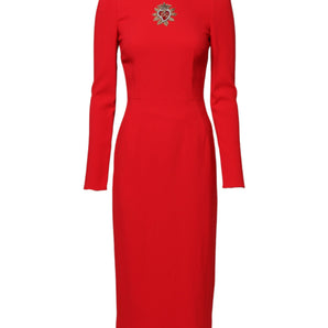 Dolce & Gabbana Red Sacred Heart Long Sleeves Sheath Dress