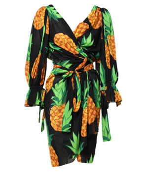 Vestido mini cruzado de seda con estampado de piña negra de Dolce &amp; Gabbana