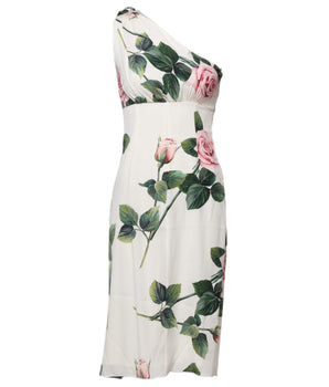 Dolce &amp; Gabbana White Floral One Shoulder Sheath Midi Dress