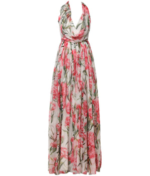 Dolce &amp; Gabbana White Floral Silk Halter A-line Maxi Dress