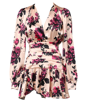 Vestido mini cruzado con escote en V y mangas largas de seda floral rosa de Laneus