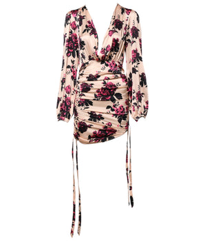 Vestido mini fruncido con escote en V, mangas largas y estampado floral rosa de Laneus