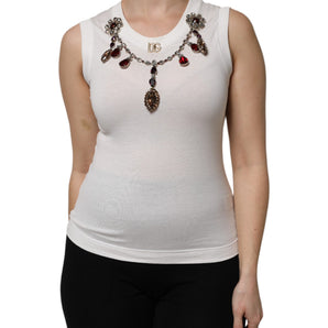 Dolce & Gabbana White Cotton Logo Crystal Detailing Tank Top