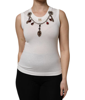 Camiseta sin mangas de algodón blanco con detalle de cristales y logotipo de Dolce &amp; Gabbana