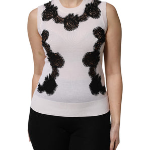 Dolce & Gabbana White Cashmere Floral Lace Detailing Tank Top