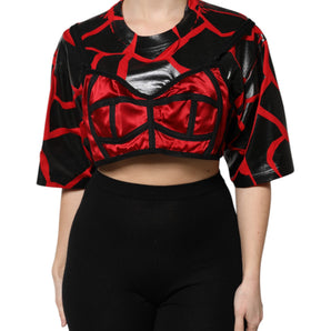 Dolce & Gabbana Red Black Cotton Bustier Detailing Cropped Top