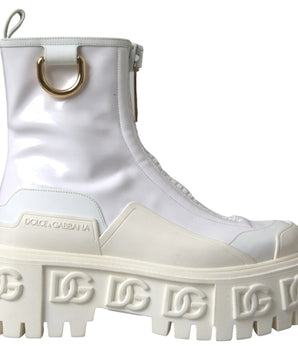 Dolce &amp; Gabbana White Leather Rubber Logo Ankle Boots Shoes