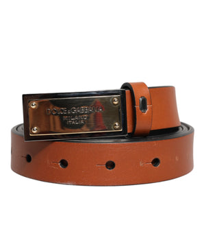 Dolce &amp; Gabbana Brown Leather Gold Rectangle Buckle Belt