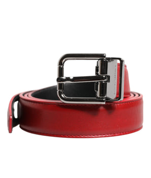 Dolce &amp; Gabbana Red Leather Silver Tone Metal Buckle Belt