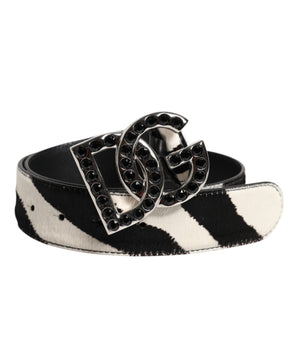 Cinturón con hebilla de cristal DG de cebra de cuero blanco y negro de Dolce &amp; Gabbana