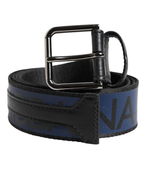 Dolce &amp; Gabbana Black Blue DG Logo Silver Metal Buckle Belt