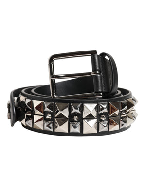 Dolce &amp; Gabbana Black Calf Leather Studded Silver Buckle Belt
