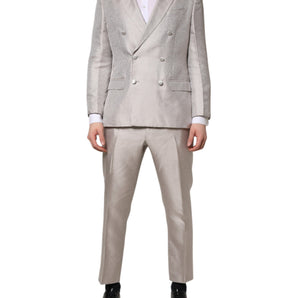 Dolce & Gabbana Light Gray Jacquard Silk Dotted 2 Piece Suit