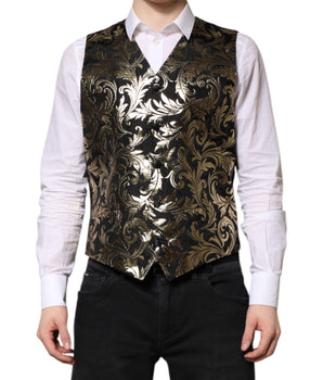 Dolce & Gabbana Black Gold Jacquard Formal Men Waistcoat Vest