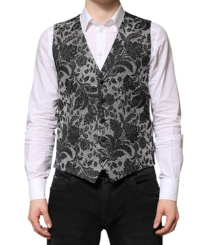 Dolce &amp; Gabbana Black Gray Brocade Formal Men Waistcoat Vest