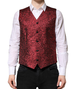 Dolce &amp; Gabbana Red Floral Brocade Formal Men Waistcoat Vest
