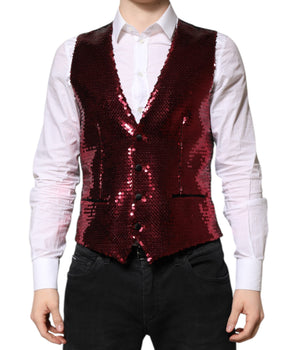Dolce &amp; Gabbana Red Sequined Dress Formal Men Waistcoat Vest