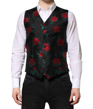 Dolce &amp; Gabbana Red Floral Brocade Formal Men Waistcoat Vest