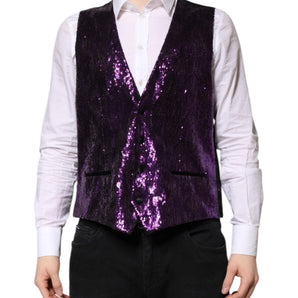 Vestido formal con lentejuelas moradas de Dolce &amp; Gabbana. Chaleco.