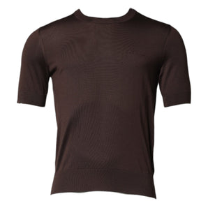 Camiseta de cuello redondo con bordado del logotipo de seda marrón de Dolce &amp; Gabbana