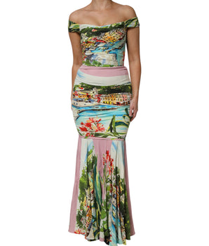 Vestido largo multicolor con hombros descubiertos de Dolce &amp; Gabbana