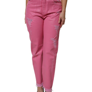 Dolce &amp; Gabbana Pink Tattered Mid Waist Tapered Denim Jeans