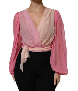 Dolce & Gabbana Pink Plunging V-neck Long Sleeves Blouse Top