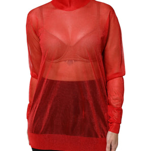 Dolce & Gabbana Red Tulle Turtleneck Long Sleeve Blouse Top