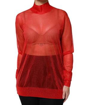 Dolce & Gabbana Red Tulle Turtleneck Long Sleeve Blouse Top