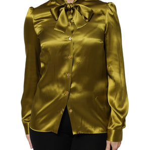 Dolce & Gabbana Green Ascot Collar Long Sleeves Blouse Top
