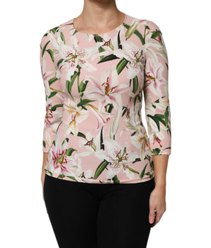 Dolce & Gabbana Pink Lily Print Viscose Round Neck Blouse Top
