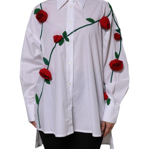 Dolce & Gabbana White Cotton Floral Appliques Dress Shirt Top