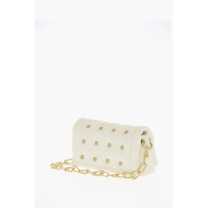Off-White Leather Shoulder Bag with Iconic Motif in Golden Metal