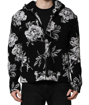 Dolce &amp; Gabbana Black Wool Floral Printed Men Hooded Jacket